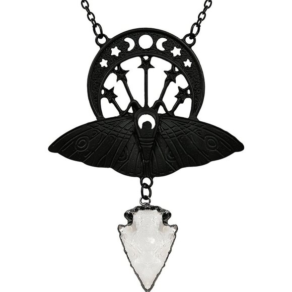 Death Moth Quartz Pendant – Restyle ✦ Moon Phases ✦ Raw Arrowhead ✦ Black/Silver - Picture 6 of 12